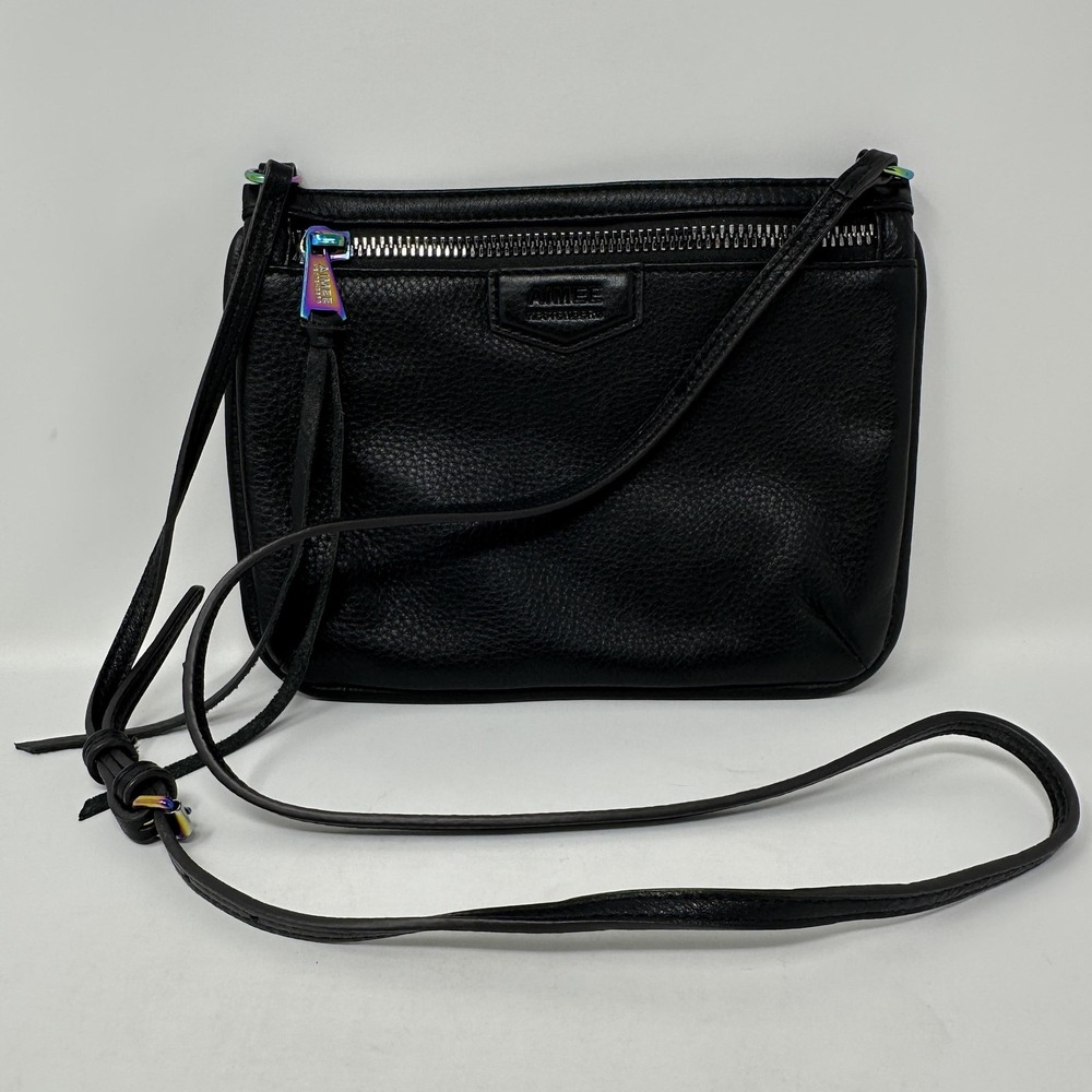 Aimee Kestenberg Crossbody Purse Bag‎ Black Pebbled Leather Rainbow Hardware Zip